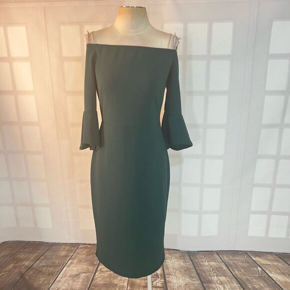 🔥🔥5 for $25🔥🔥H&M green off the shoulder bell sleeve cocktail party sheath dress - Picture 2 of 11